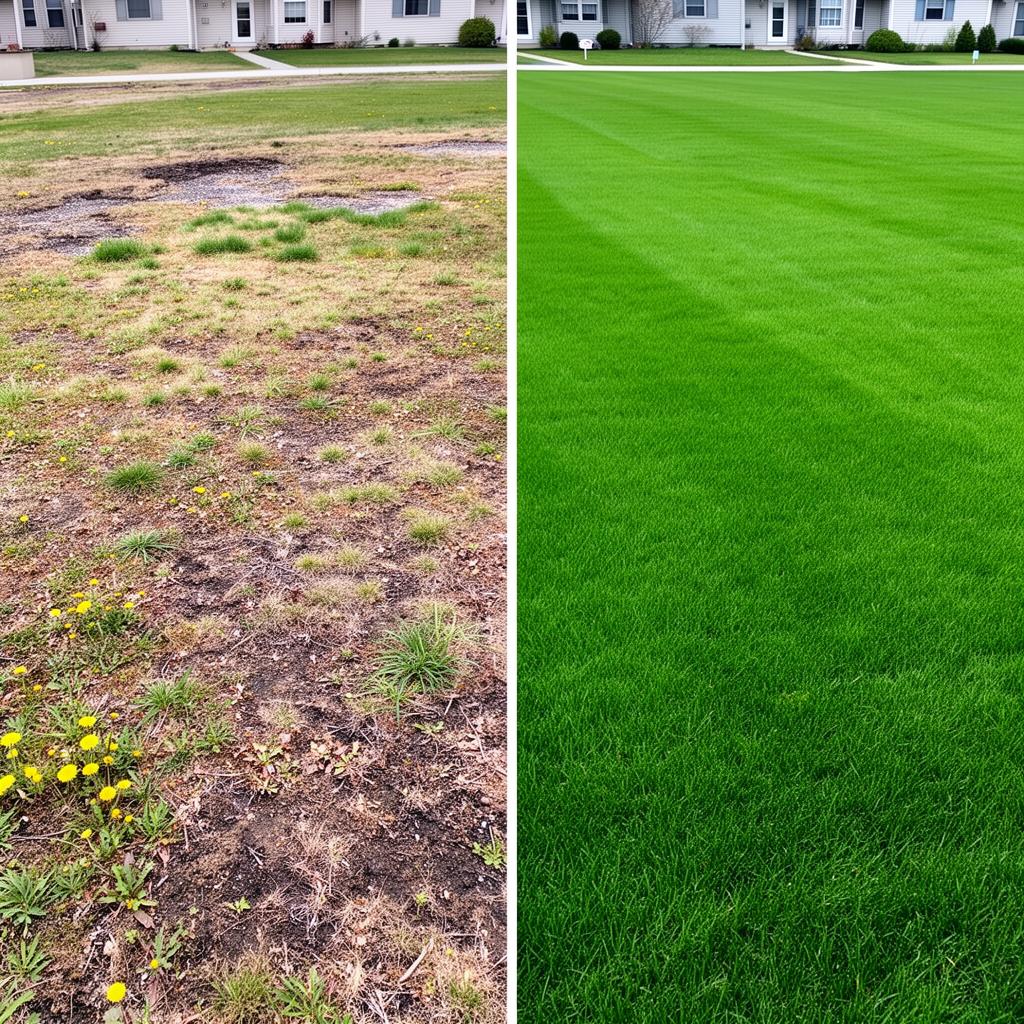Before and after of a lawn. Weedy and patchy on the left, lush green on the right